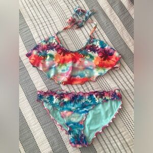 OP Multi-Color Palm Tree Print Two Piece Swimsuit Size 7-9 Medium